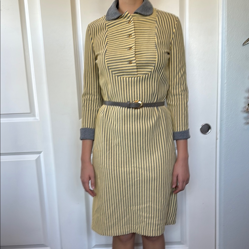 VINTAGE 60s DAVID CRYSTAL striped yellow and gray dress includes belt M L - Picture 3 of 12